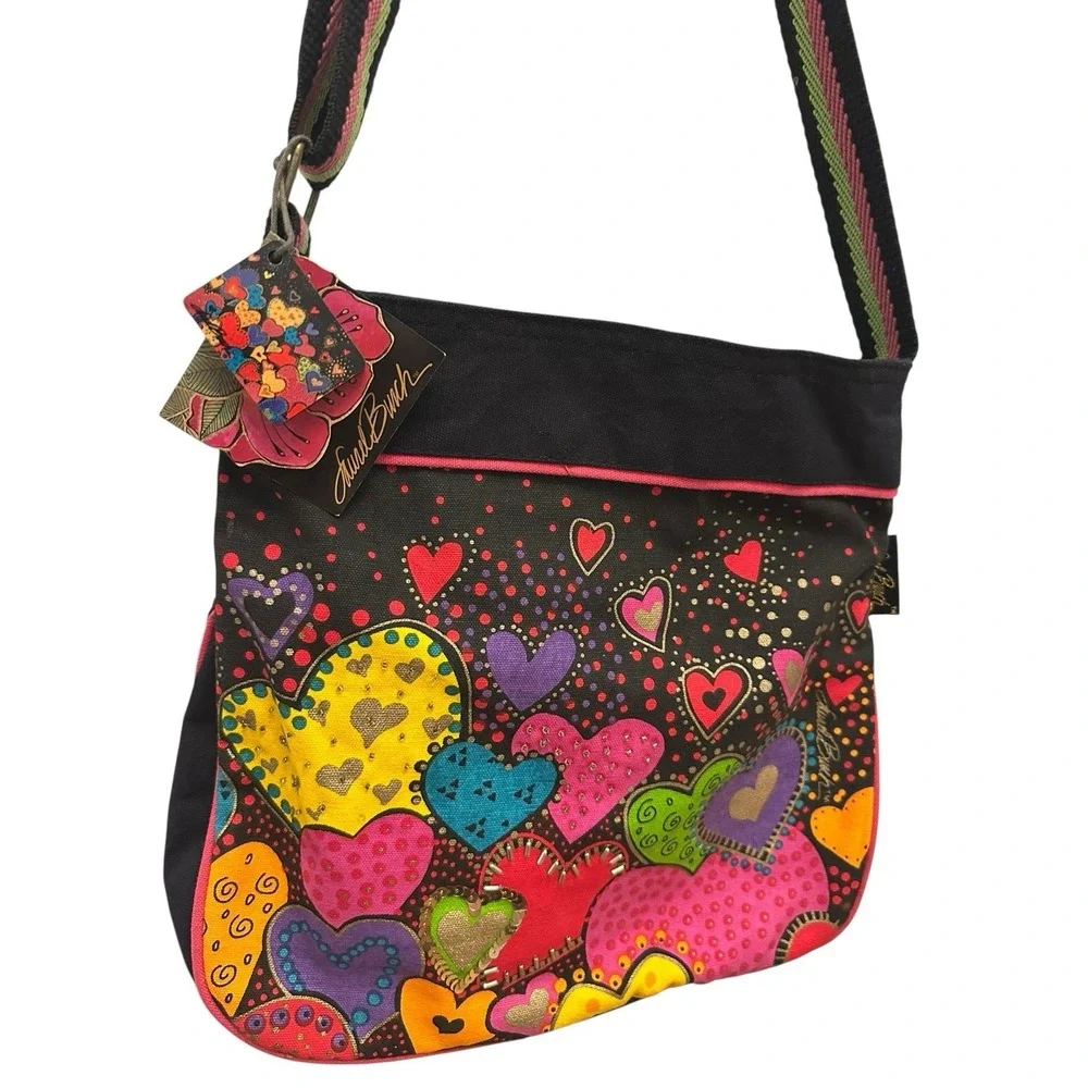 Laurel Burch Colorful Hearts Purse Crossbody Beaded Sequin Canvas Y2K NEW